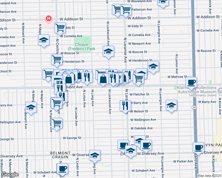 map of restaurants, bars, coffee shops, grocery stores, and more near 3159 North Lockwood Avenue in Chicago