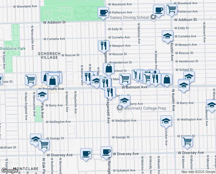 map of restaurants, bars, coffee shops, grocery stores, and more near 3195 North Narragansett Avenue in Chicago