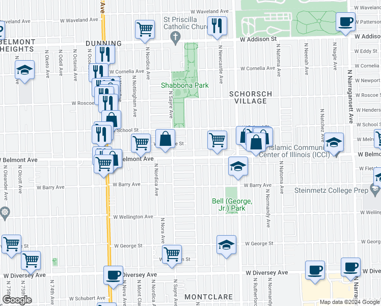 map of restaurants, bars, coffee shops, grocery stores, and more near 3200 North Newland Avenue in Chicago