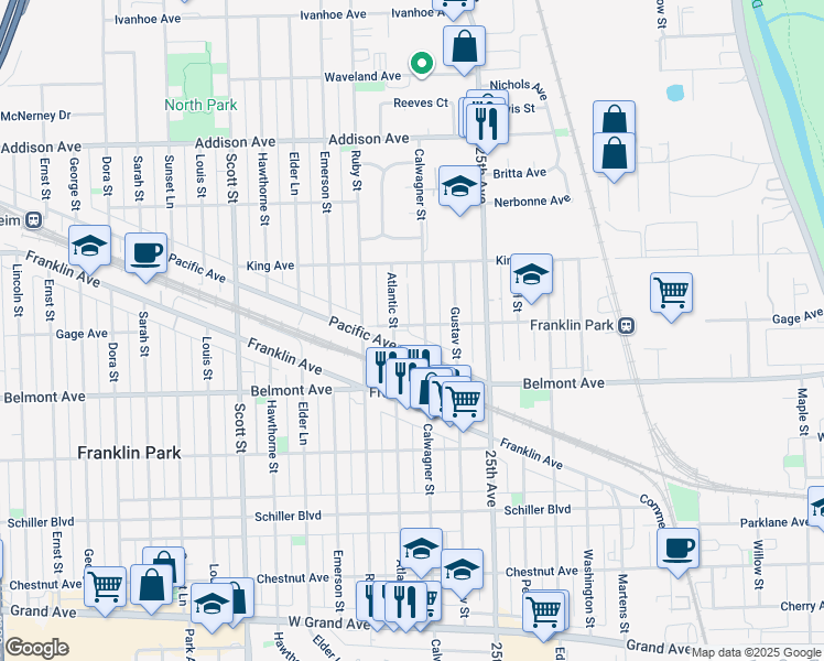 map of restaurants, bars, coffee shops, grocery stores, and more near 9707 Gage Ave in Franklin Park