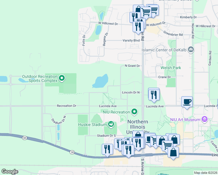 map of restaurants, bars, coffee shops, grocery stores, and more near 1250 North Grant Drive in DeKalb