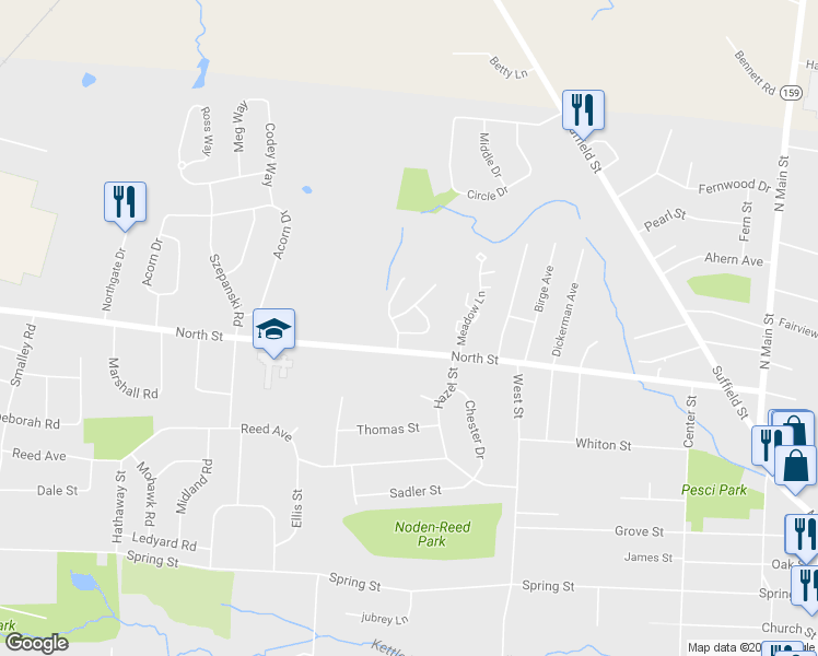 map of restaurants, bars, coffee shops, grocery stores, and more near 1 Chamberlain Crossing in Windsor Locks