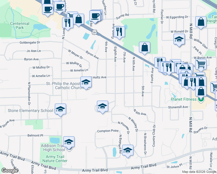 map of restaurants, bars, coffee shops, grocery stores, and more near 4N237 9th Avenue in Addison