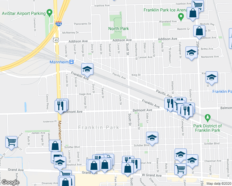 map of restaurants, bars, coffee shops, grocery stores, and more near 10031 Franklin Avenue in Franklin Park