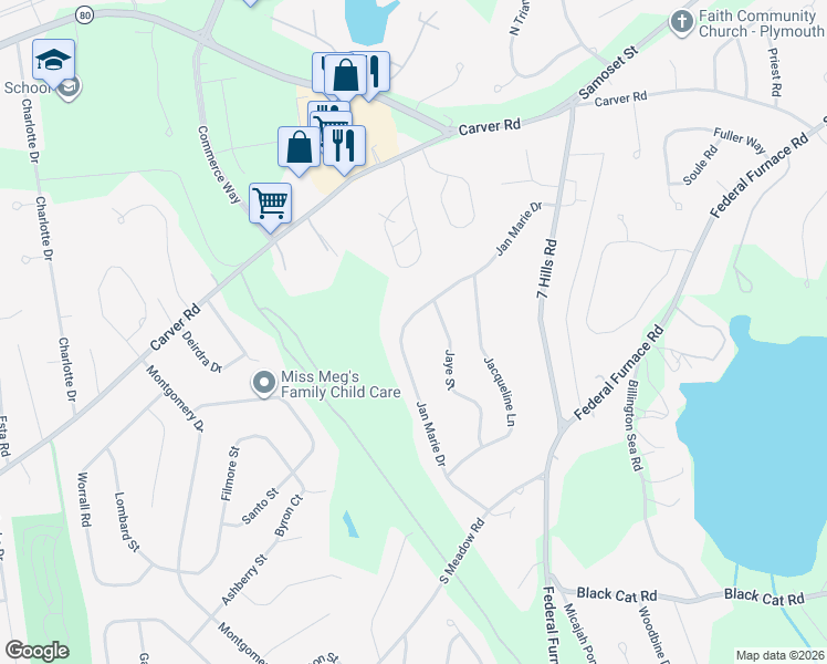 map of restaurants, bars, coffee shops, grocery stores, and more near 42 Jan Marie Drive in Plymouth