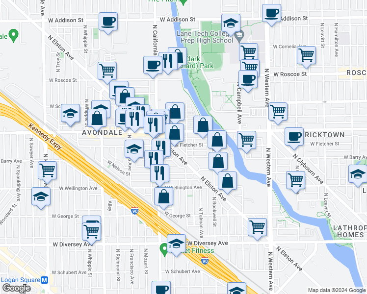 map of restaurants, bars, coffee shops, grocery stores, and more near 2703 West Fletcher Street in Chicago