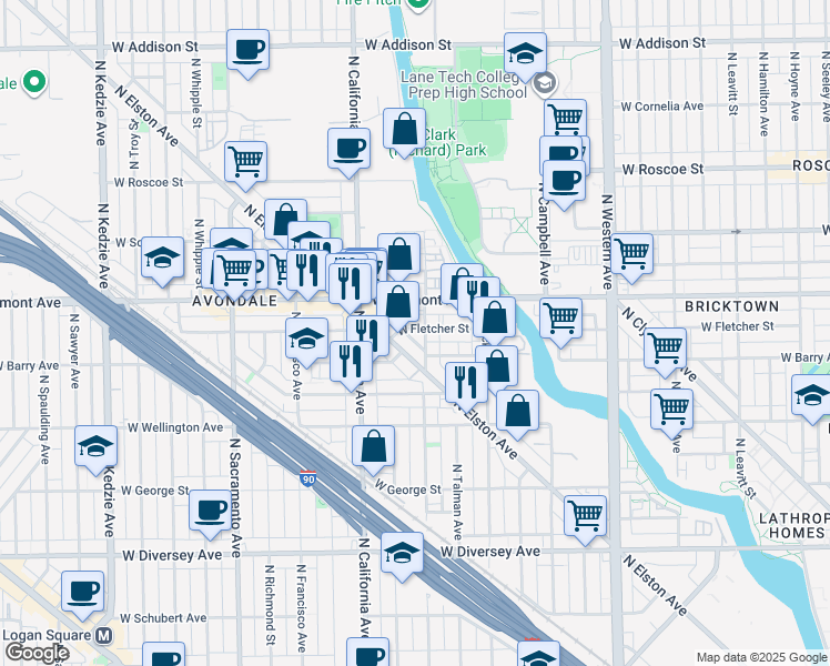 map of restaurants, bars, coffee shops, grocery stores, and more near 3120 North Washtenaw Avenue in Chicago