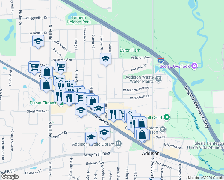 map of restaurants, bars, coffee shops, grocery stores, and more near 610 North Lullo Drive in Addison