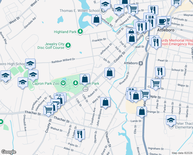 map of restaurants, bars, coffee shops, grocery stores, and more near 15 Dennis Street in Attleboro