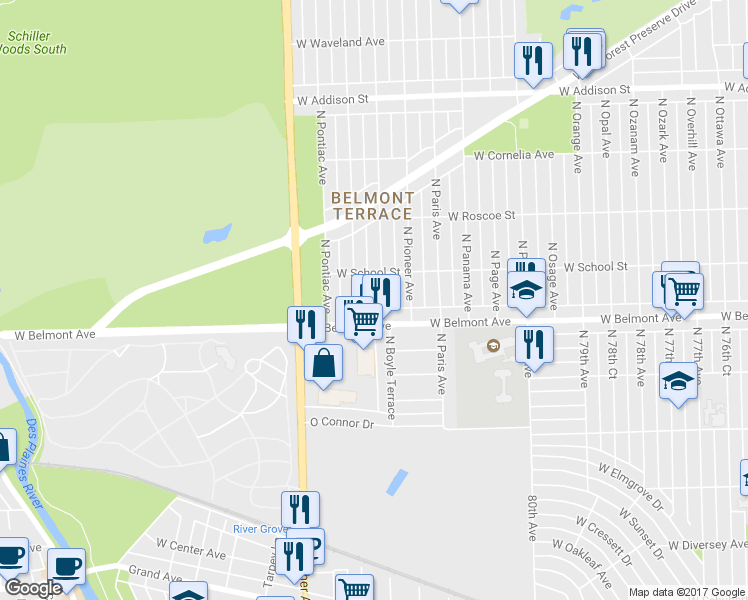 map of restaurants, bars, coffee shops, grocery stores, and more near 3224 North Pittsburgh Avenue in Chicago