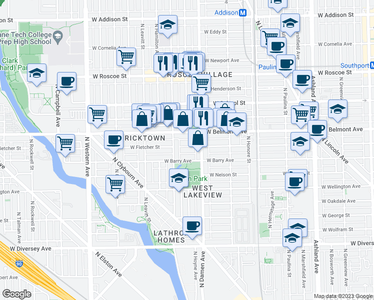 map of restaurants, bars, coffee shops, grocery stores, and more near 2031 West Fletcher Street in Chicago