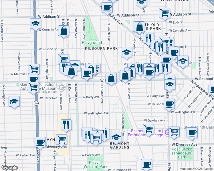 map of restaurants, bars, coffee shops, grocery stores, and more near 4345 West Belmont Avenue in Chicago