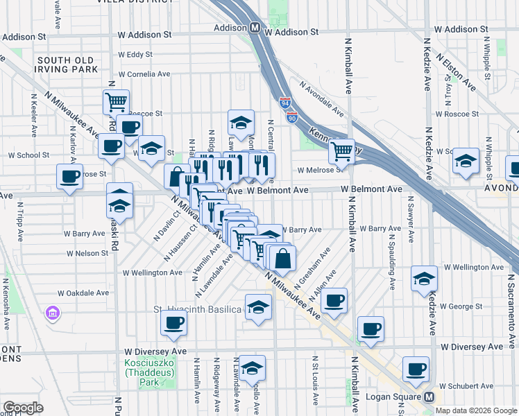map of restaurants, bars, coffee shops, grocery stores, and more near 3137 North Monticello Avenue in Chicago