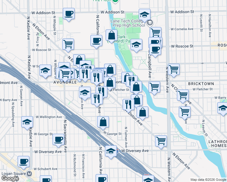 map of restaurants, bars, coffee shops, grocery stores, and more near 2707 West Fletcher Street in Chicago