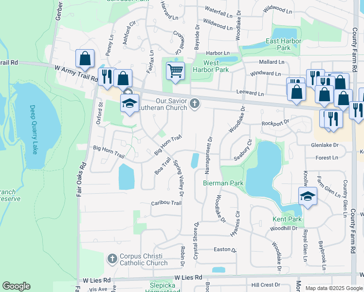 map of restaurants, bars, coffee shops, grocery stores, and more near 1255 Boa Trail in Carol Stream