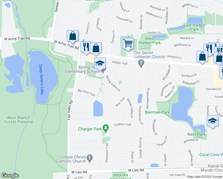 map of restaurants, bars, coffee shops, grocery stores, and more near 1329 Pennsboro Court in Carol Stream