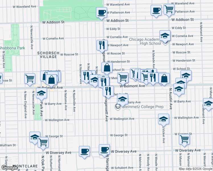 map of restaurants, bars, coffee shops, grocery stores, and more near 3195 North Narragansett Avenue in Chicago