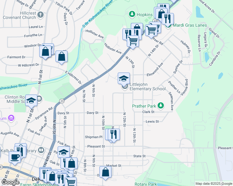 map of restaurants, bars, coffee shops, grocery stores, and more near 1121 School Street in DeKalb