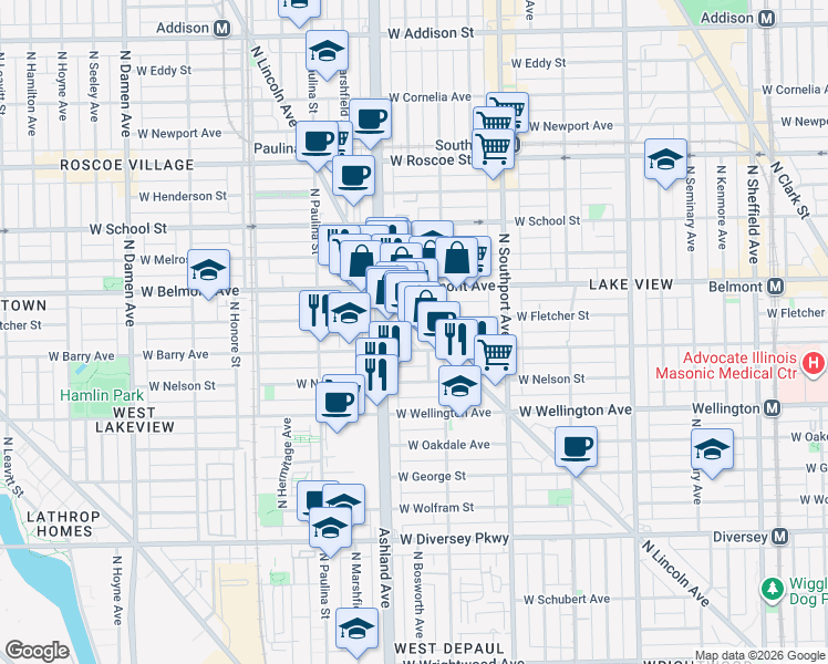 map of restaurants, bars, coffee shops, grocery stores, and more near 3128 North Lincoln Avenue in Chicago