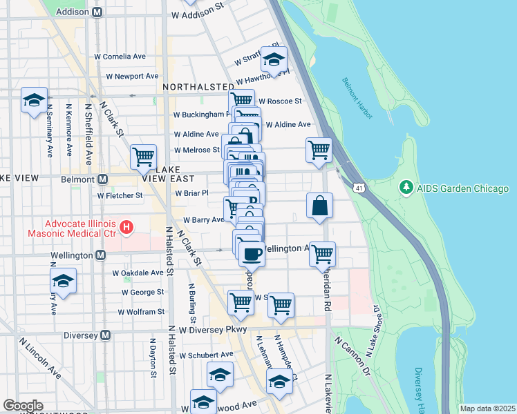 map of restaurants, bars, coffee shops, grocery stores, and more near 541 West Briar Place in Chicago