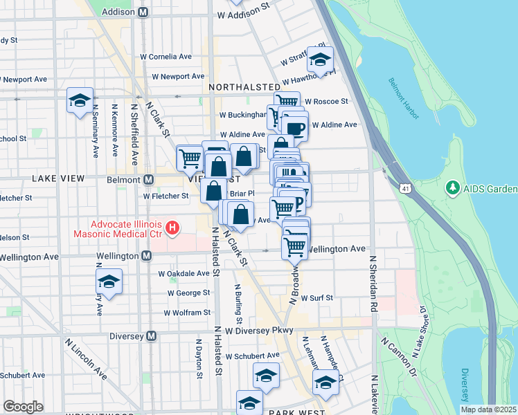 map of restaurants, bars, coffee shops, grocery stores, and more near 3117 North Orchard Street in Chicago