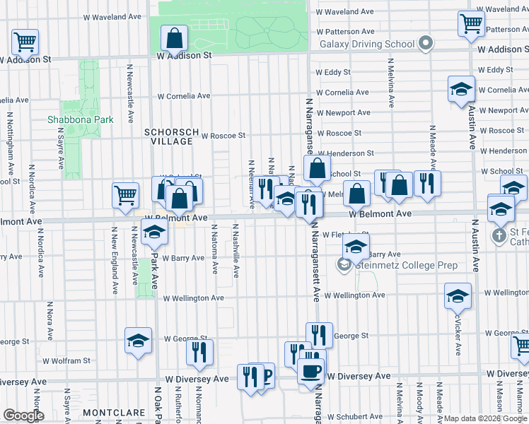 map of restaurants, bars, coffee shops, grocery stores, and more near 6508 West Belmont Avenue in Chicago