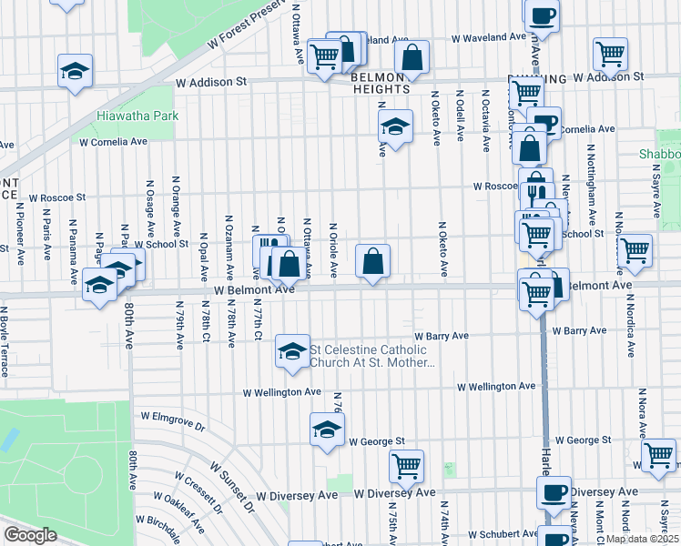 map of restaurants, bars, coffee shops, grocery stores, and more near 3215 North Oriole Avenue in Chicago
