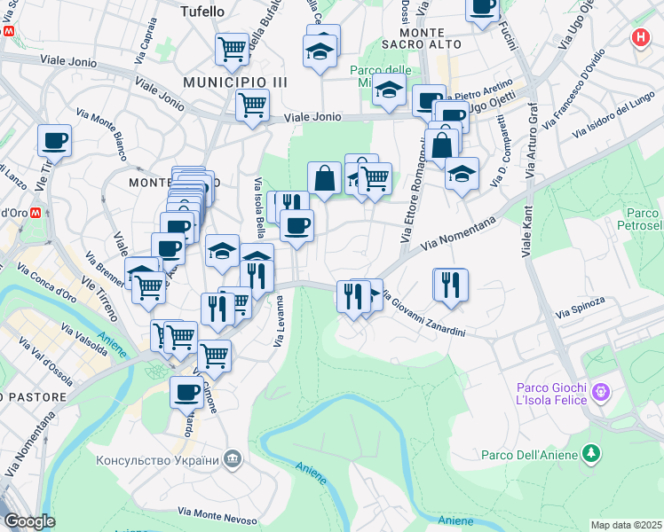 map of restaurants, bars, coffee shops, grocery stores, and more near 20 Via Emilio de Marchi in Roma
