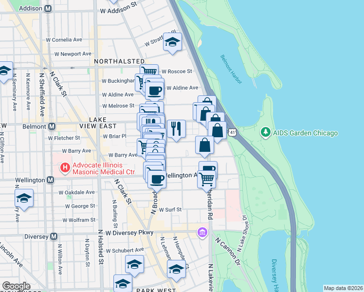 map of restaurants, bars, coffee shops, grocery stores, and more near 463 West Briar Place in Chicago