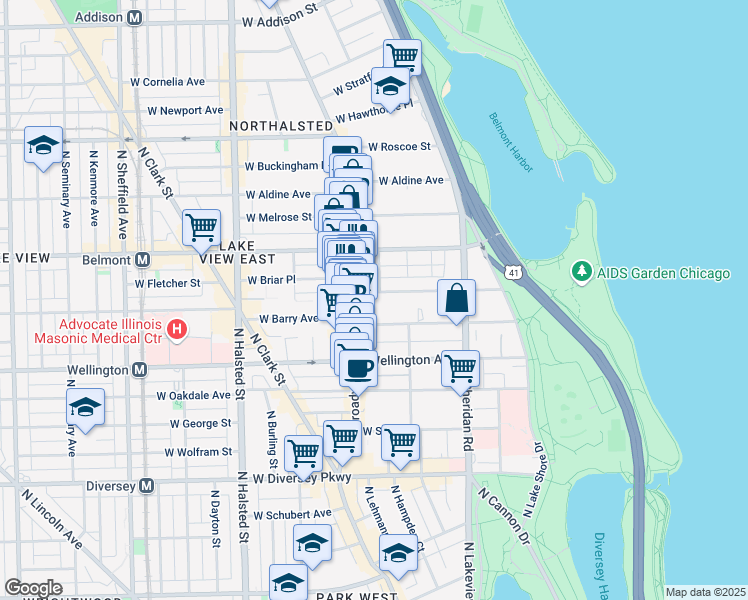 map of restaurants, bars, coffee shops, grocery stores, and more near 533 West Briar Place in Chicago