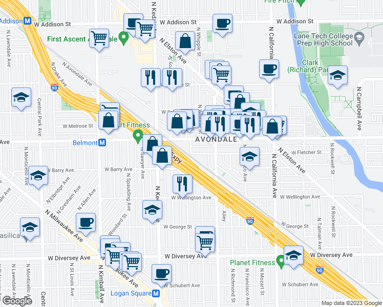 map of restaurants, bars, coffee shops, grocery stores, and more near 5200 West Fletcher Street in Chicago