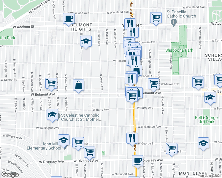 map of restaurants, bars, coffee shops, grocery stores, and more near 3215 North Odell Avenue in Chicago