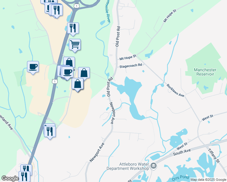 map of restaurants, bars, coffee shops, grocery stores, and more near 788 Old Post Road in North Attleborough