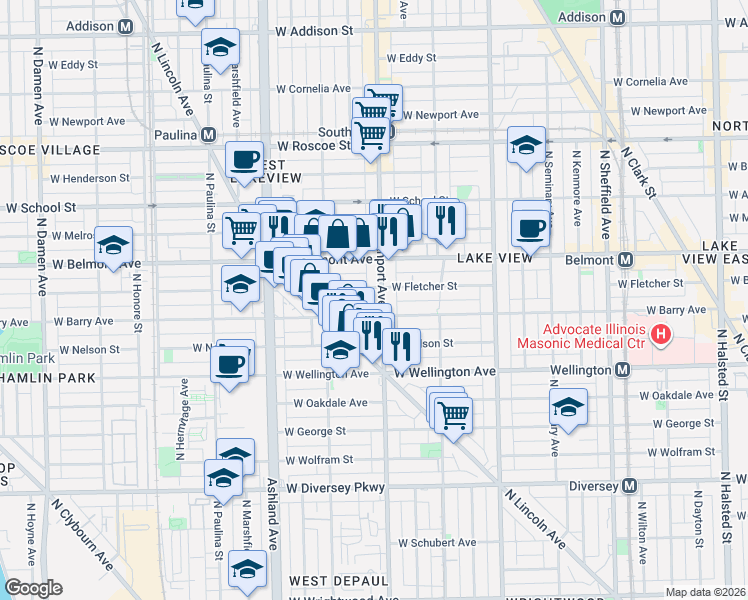 map of restaurants, bars, coffee shops, grocery stores, and more near 1415 West Fletcher Street in Chicago