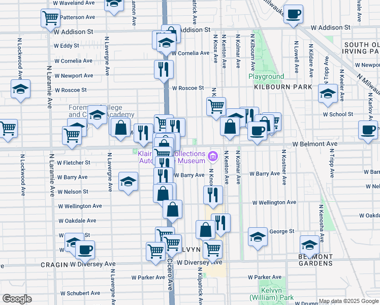 map of restaurants, bars, coffee shops, grocery stores, and more near 4711 West Belmont Avenue in Chicago