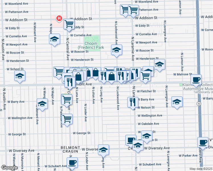 map of restaurants, bars, coffee shops, grocery stores, and more near 5335 West Belmont Avenue in Chicago