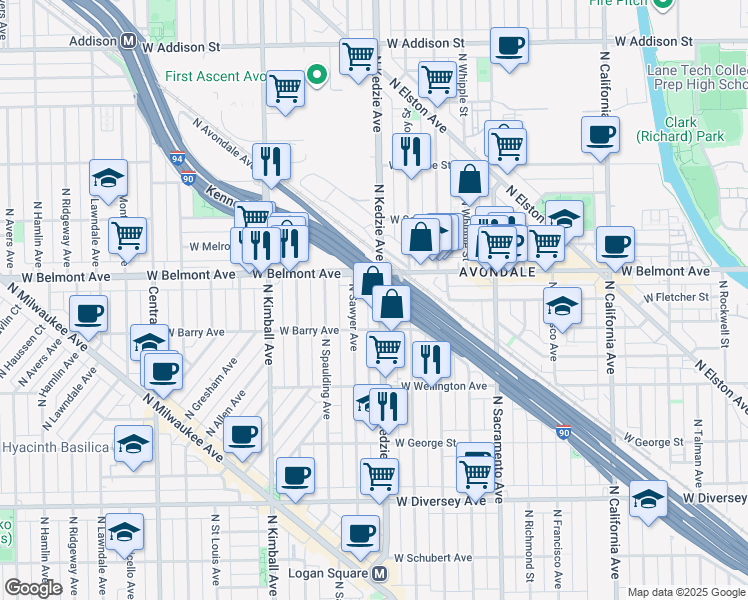 map of restaurants, bars, coffee shops, grocery stores, and more near 3130 North Kedzie Avenue in Chicago