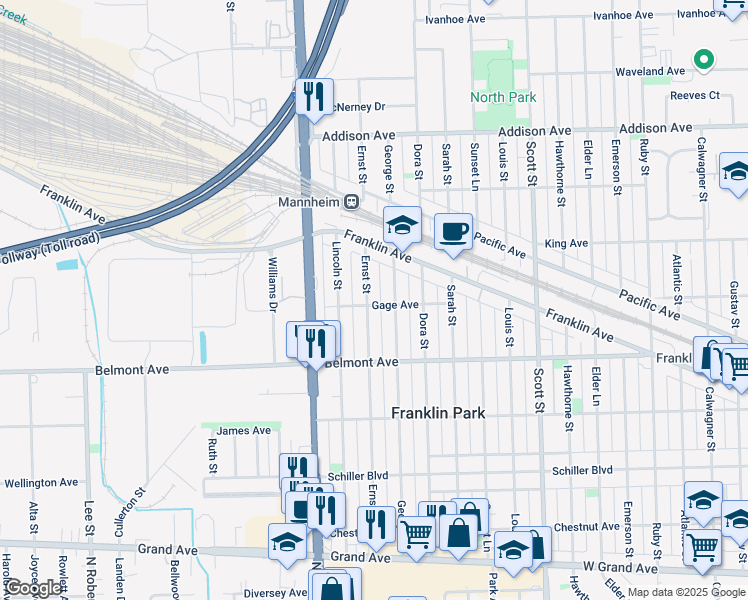 map of restaurants, bars, coffee shops, grocery stores, and more near 3301 Ernst Street in Franklin Park