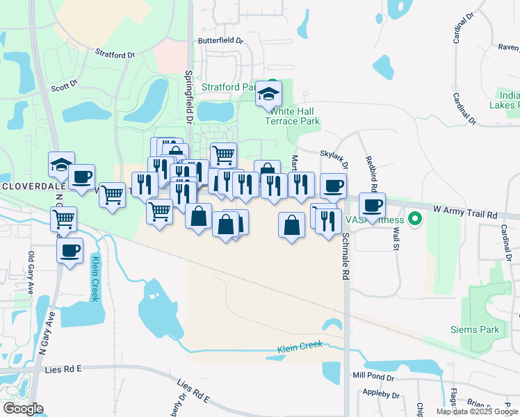 map of restaurants, bars, coffee shops, grocery stores, and more near 330 Army Trail Road in Bloomingdale