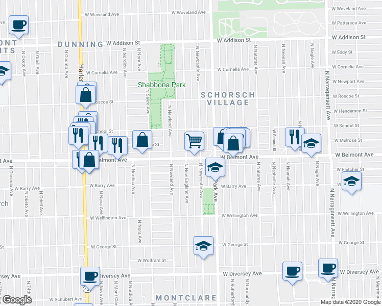 map of restaurants, bars, coffee shops, grocery stores, and more near 6850 West Belmont Avenue in Chicago