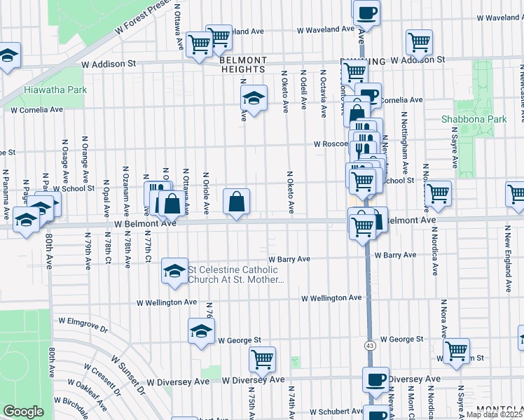 map of restaurants, bars, coffee shops, grocery stores, and more near 3214 North Osceola Avenue in Chicago