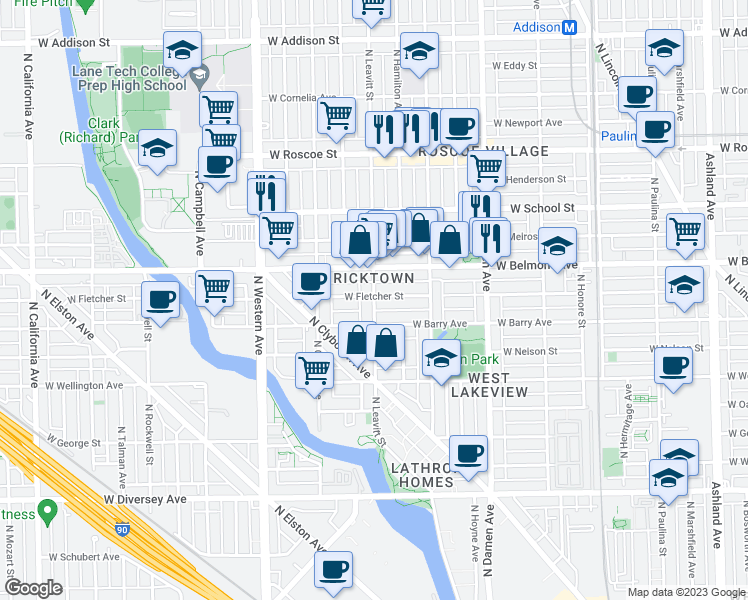 map of restaurants, bars, coffee shops, grocery stores, and more near 3125 North Leavitt Street in Chicago