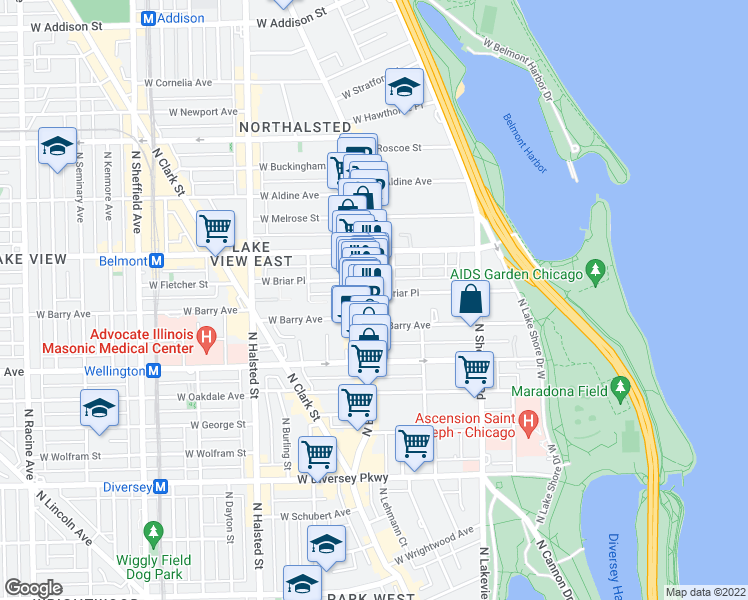 map of restaurants, bars, coffee shops, grocery stores, and more near 533 West Briar Place in Chicago