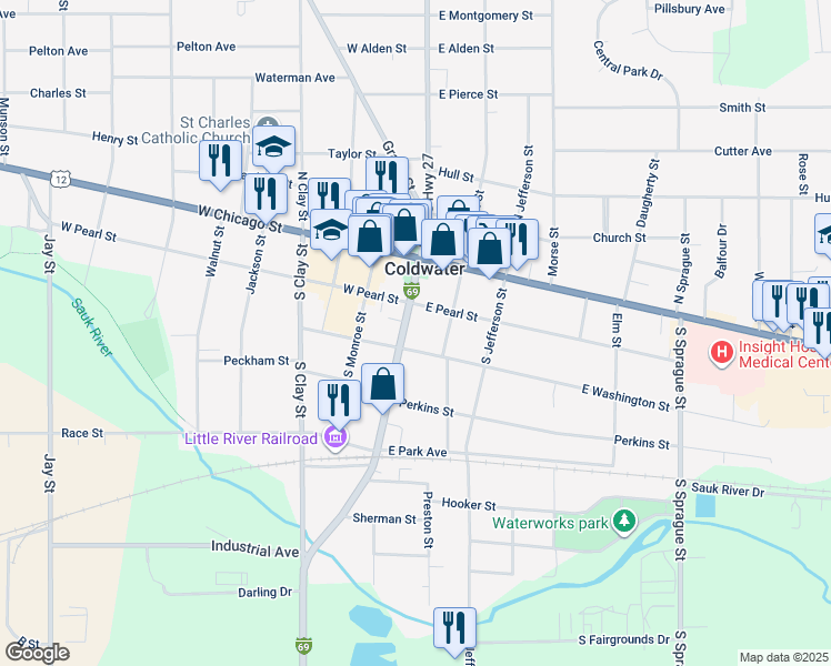 map of restaurants, bars, coffee shops, grocery stores, and more near 57 Division Street in Coldwater