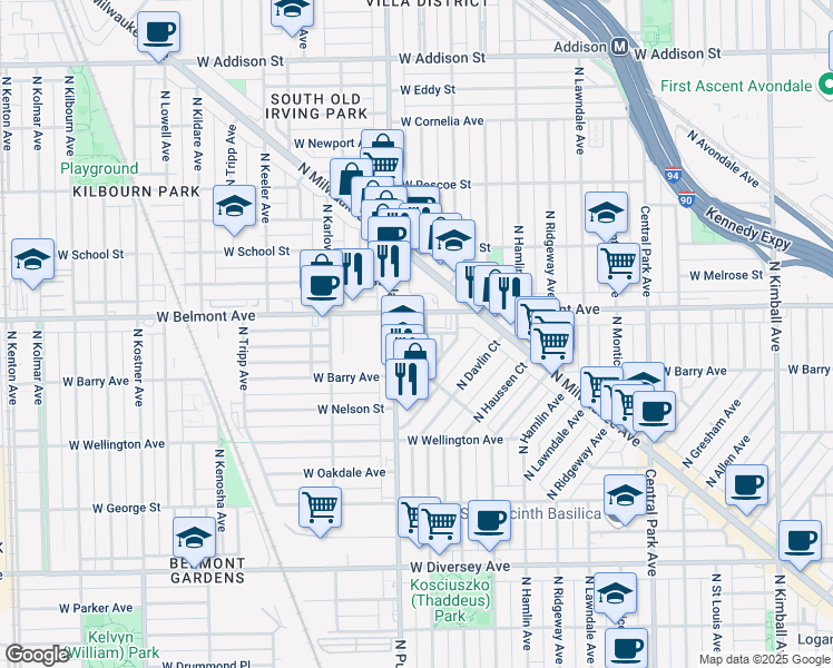 map of restaurants, bars, coffee shops, grocery stores, and more near 3138 North Harding Avenue in Chicago