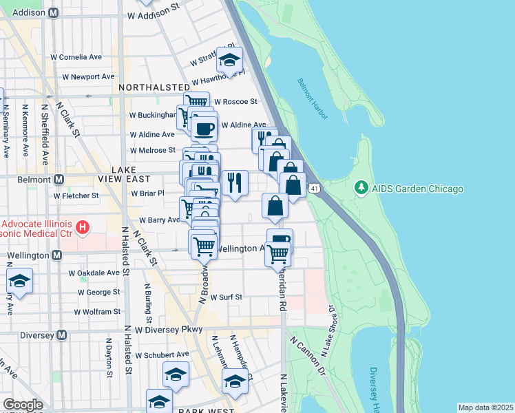 map of restaurants, bars, coffee shops, grocery stores, and more near 423A West Briar Place in Chicago