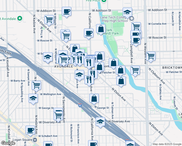 map of restaurants, bars, coffee shops, grocery stores, and more near North California Avenue & West Fletcher Street in Chicago
