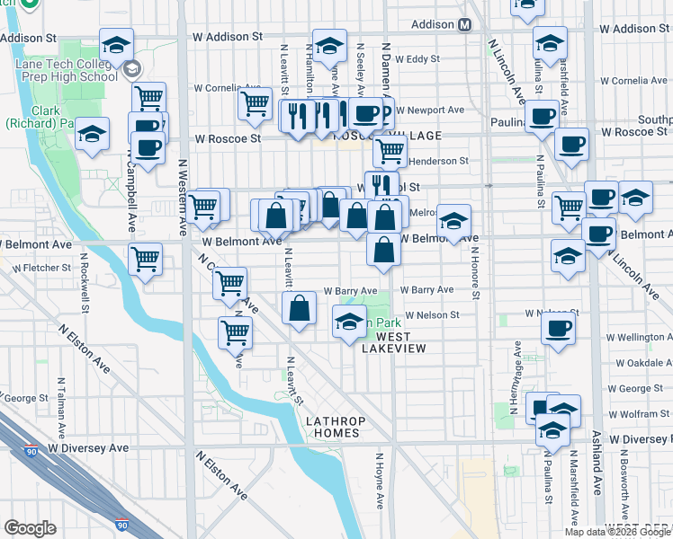 map of restaurants, bars, coffee shops, grocery stores, and more near 2101 West Fletcher Street in Chicago