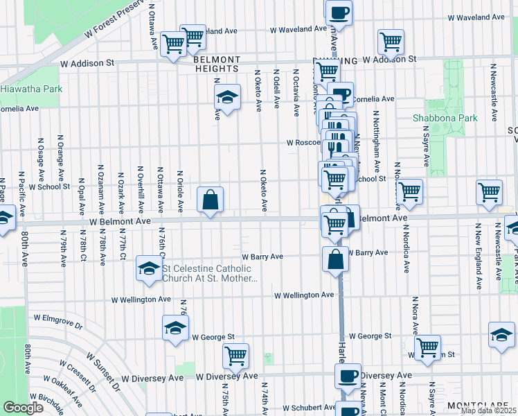 map of restaurants, bars, coffee shops, grocery stores, and more near 3214 North Oketo Avenue in Chicago