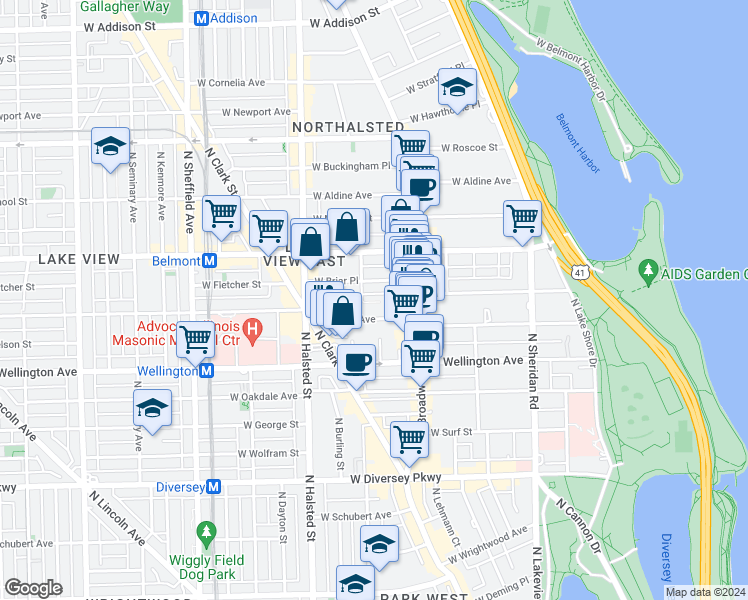 map of restaurants, bars, coffee shops, grocery stores, and more near 3117 North Orchard Street in Chicago